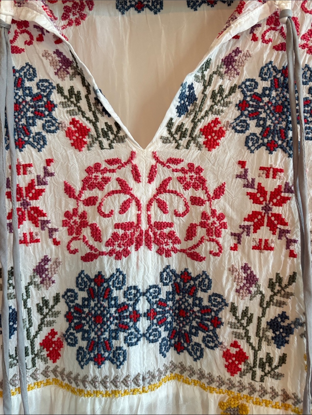 Johnny Was White Embroidered Boho Tunic Dress with Red, Navy & Yellow Accents - Picture 3 of 8